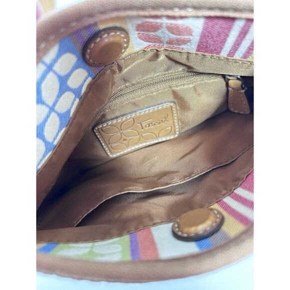Fossil Canvas Fabric & Leather Crossbody Bag Purse Multicolor Geometric Stripe - Picture 8 of 13